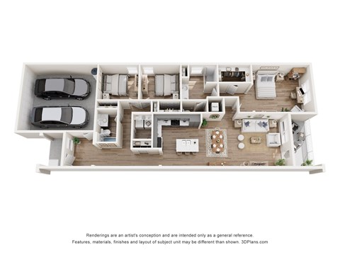A 3D floor plan of a house with a kitchen, living room, and two bedrooms.